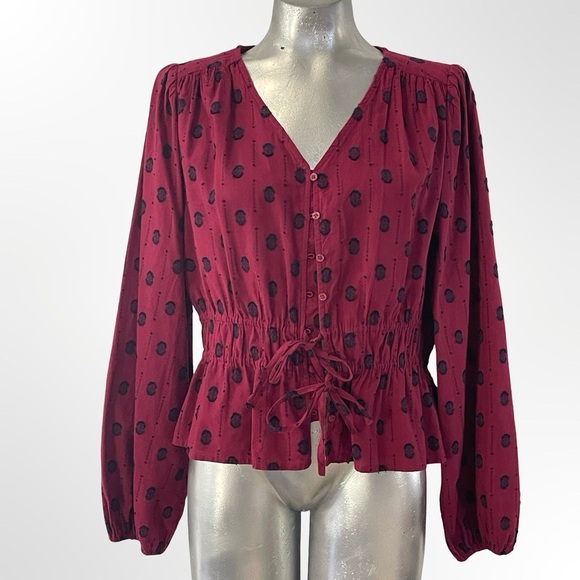 Treasure & Bond Tops - Treasure & Bond Burgundy V-Neck Polka Dot Peplum Blouse